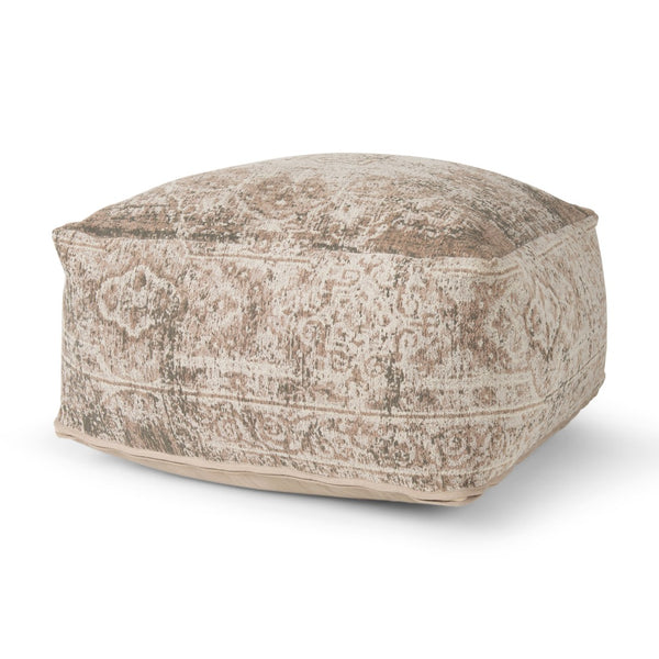 HomeRoots 36" Chic Beige and Taupe Chenille Damask Pouf Ottoman - Versatile Footrest and Extra Seating Solution 606767