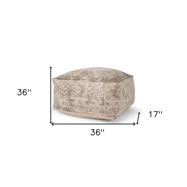 HomeRoots 36" Chic Beige and Taupe Chenille Damask Pouf Ottoman - Versatile Footrest and Extra Seating Solution 606767