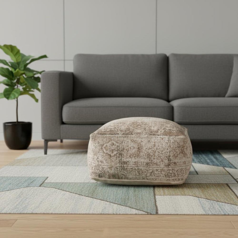 HomeRoots 36" Chic Beige and Taupe Chenille Damask Pouf Ottoman - Versatile Footrest and Extra Seating Solution 606767