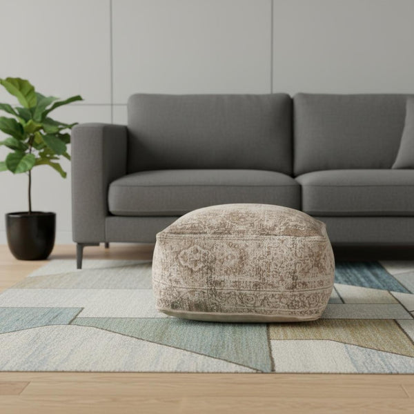 HomeRoots 36" Chic Beige and Taupe Chenille Damask Pouf Ottoman - Versatile Footrest and Extra Seating Solution 606767