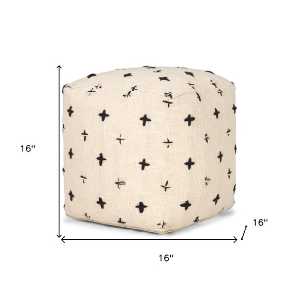HomeRoots 16" Cream and Black Wool Cube Pouf Ottoman – Stylish, Versatile Seating for Modern Homes and Nurseries 606768