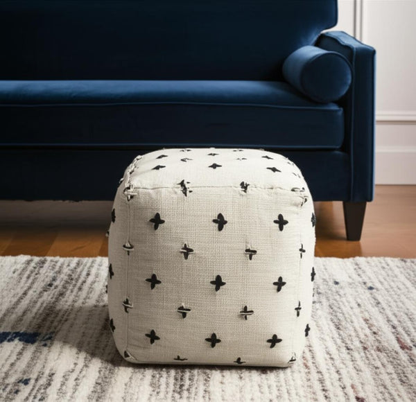HomeRoots 16" Cream and Black Wool Cube Pouf Ottoman – Stylish, Versatile Seating for Modern Homes and Nurseries 606768