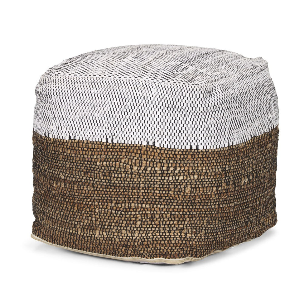 HomeRoots 16" Color Block Cube Pouf Ottoman - Chic White, Black & Natural Cotton-Jute Blend for Versatile Style 606769