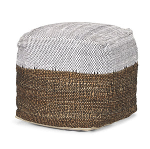 HomeRoots 16" Color Block Cube Pouf Ottoman - Chic White, Black & Natural Cotton-Jute Blend for Versatile Style 606769