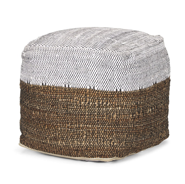 HomeRoots 16" Color Block Cube Pouf Ottoman - Chic White, Black & Natural Cotton-Jute Blend for Versatile Style 606769