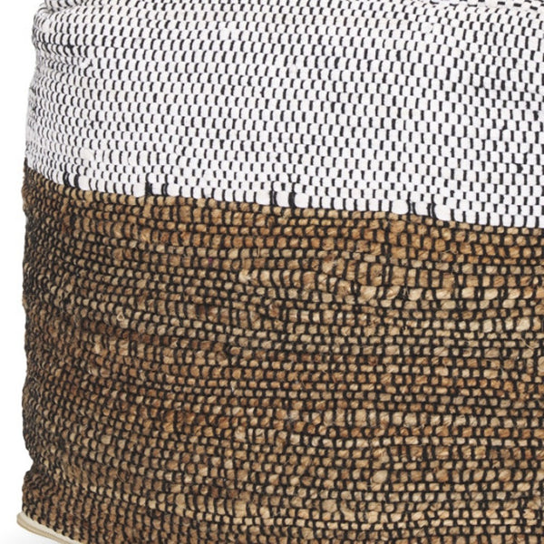 HomeRoots 16" Color Block Cube Pouf Ottoman - Chic White, Black & Natural Cotton-Jute Blend for Versatile Style 606769
