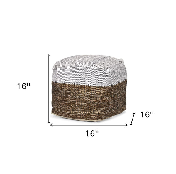 HomeRoots 16" Color Block Cube Pouf Ottoman - Chic White, Black & Natural Cotton-Jute Blend for Versatile Style 606769