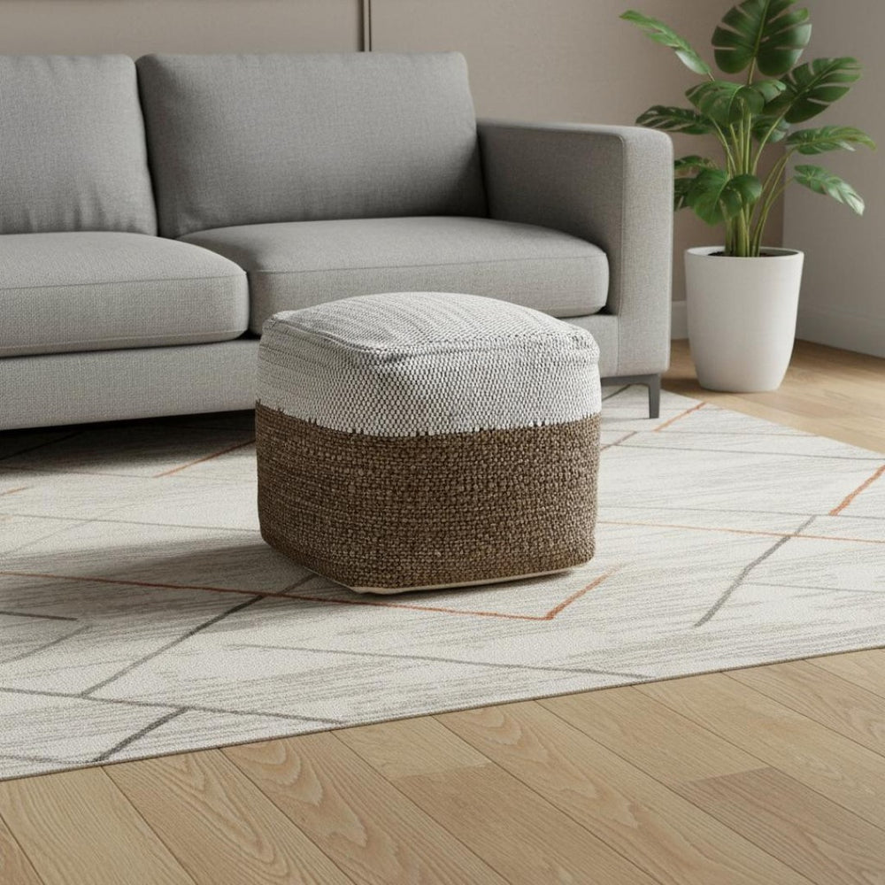 HomeRoots 16" Color Block Cube Pouf Ottoman - Chic White, Black & Natural Cotton-Jute Blend for Versatile Style 606769