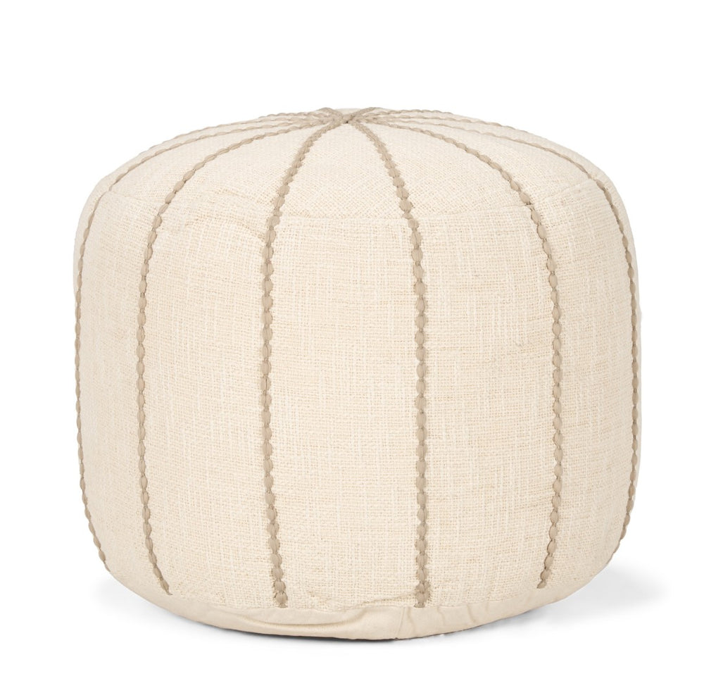 HomeRoots 18" Beige and Taupe Striped Round Pouf Ottoman - Soft, Versatile Accent for Modern Living Spaces 606770