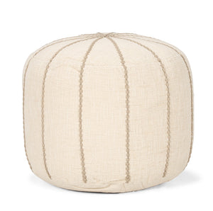 HomeRoots 18" Beige and Taupe Striped Round Pouf Ottoman - Soft, Versatile Accent for Modern Living Spaces 606770