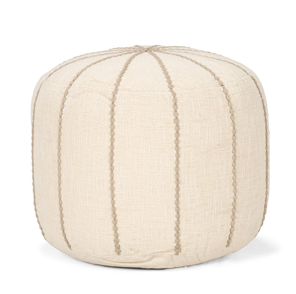 HomeRoots 18" Beige and Taupe Striped Round Pouf Ottoman - Soft, Versatile Accent for Modern Living Spaces 606770
