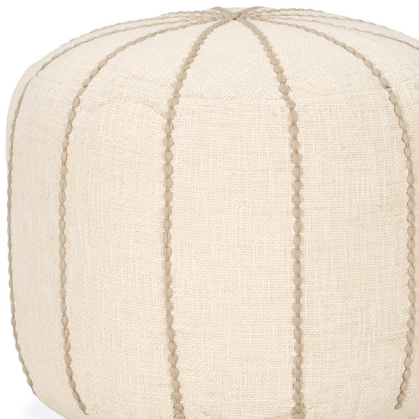 HomeRoots 18" Beige and Taupe Striped Round Pouf Ottoman - Soft, Versatile Accent for Modern Living Spaces 606770