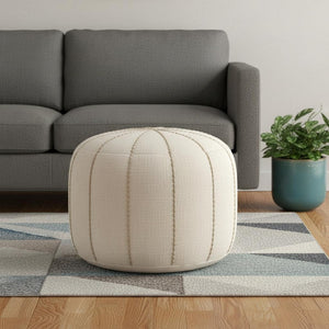 HomeRoots 18" Beige and Taupe Striped Round Pouf Ottoman - Soft, Versatile Accent for Modern Living Spaces 606770
