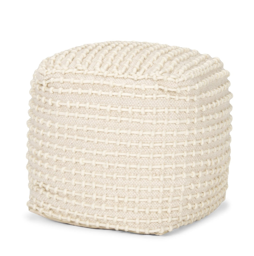 HomeRoots 16" Handwoven Beige and Cream Wool Cube Pouf Ottoman – Versatile Footrest and Stylish Accent Piece 606771