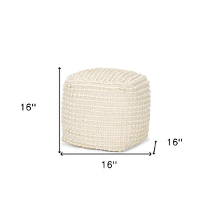 HomeRoots 16" Handwoven Beige and Cream Wool Cube Pouf Ottoman – Versatile Footrest and Stylish Accent Piece 606771