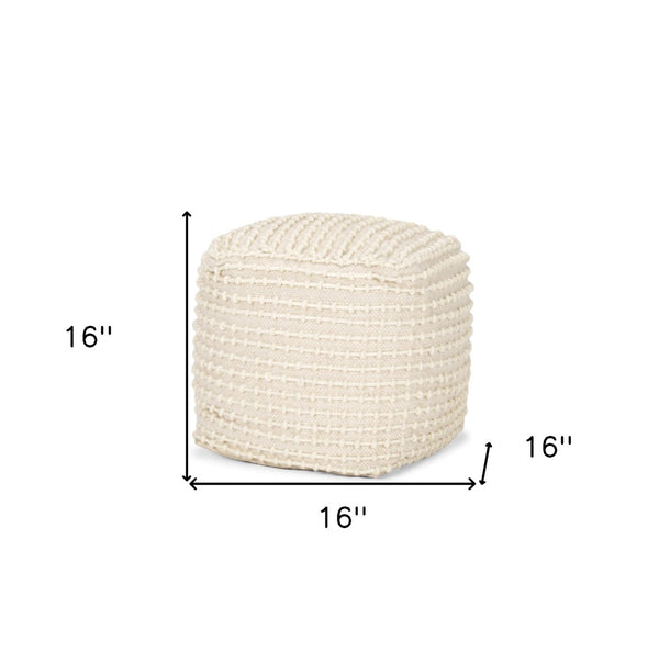 HomeRoots 16" Handwoven Beige and Cream Wool Cube Pouf Ottoman – Versatile Footrest and Stylish Accent Piece 606771