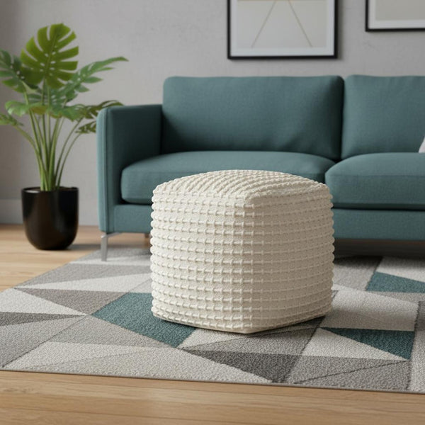 HomeRoots 16" Handwoven Beige and Cream Wool Cube Pouf Ottoman – Versatile Footrest and Stylish Accent Piece 606771