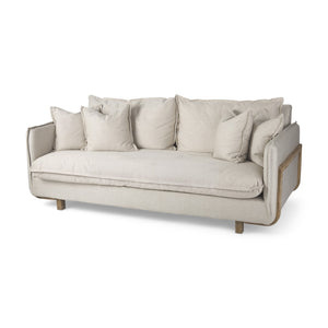 HomeRoots 84" Cream Fabric Sofa with Plush Pillow-Top Arms and Brown Legs for Cozy Living Room Comfort 606781