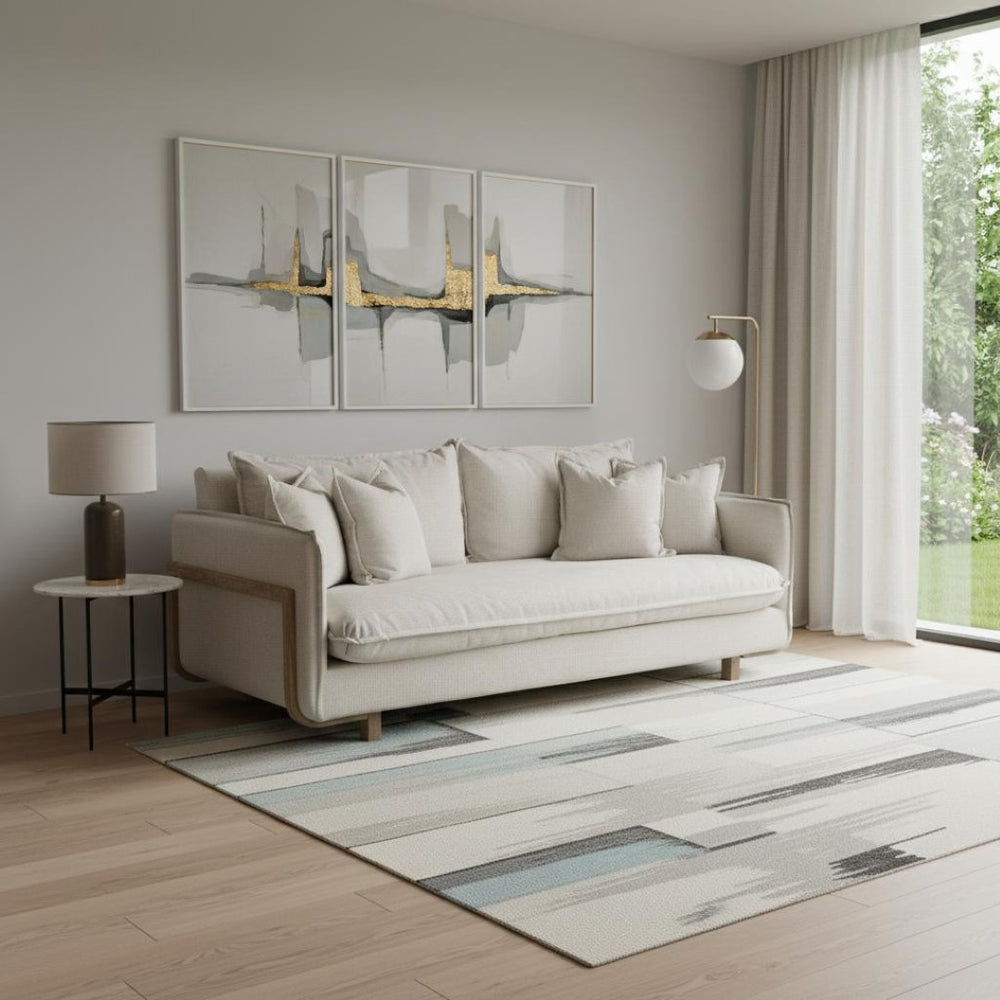 HomeRoots 84" Cream Fabric Sofa with Plush Pillow-Top Arms and Brown Legs for Cozy Living Room Comfort 606781