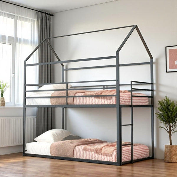 HomeRoots Black Twin Over Twin Metal Bunk Bed - Stylish Space-Saving Solution with Safety Guardrails & Durability 606786