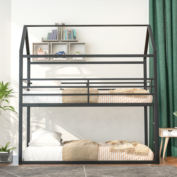 HomeRoots Black Twin Over Twin Metal Bunk Bed - Stylish Space-Saving Solution with Safety Guardrails & Durability 606786