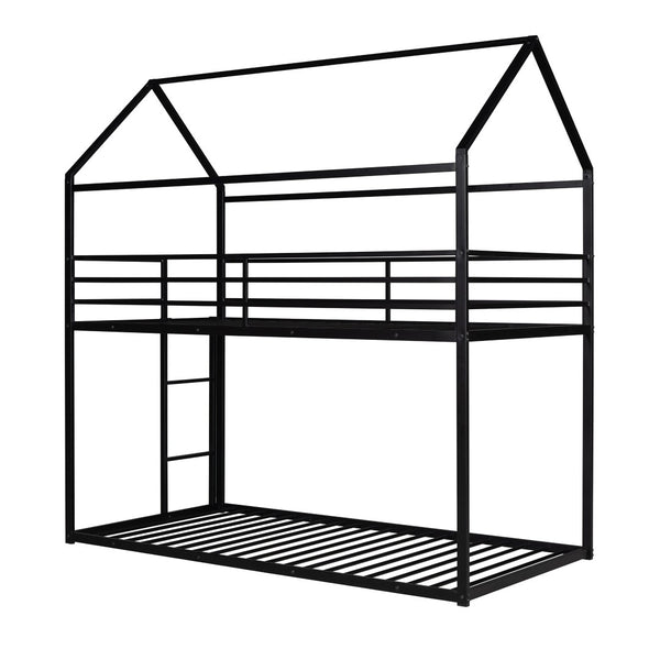 HomeRoots Black Twin Over Twin Metal Bunk Bed - Stylish Space-Saving Solution with Safety Guardrails & Durability 606786