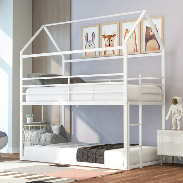 HomeRoots White Twin Over Twin Metal Bunk Bed - Stylish, Durable Design with Safety Features for Kids’ Rooms! 606787