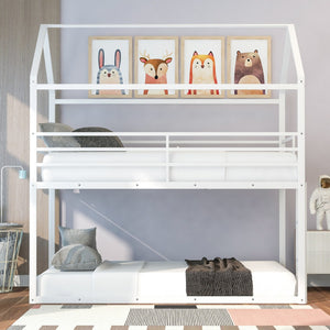 HomeRoots White Twin Over Twin Metal Bunk Bed - Stylish, Durable Design with Safety Features for Kids’ Rooms! 606787