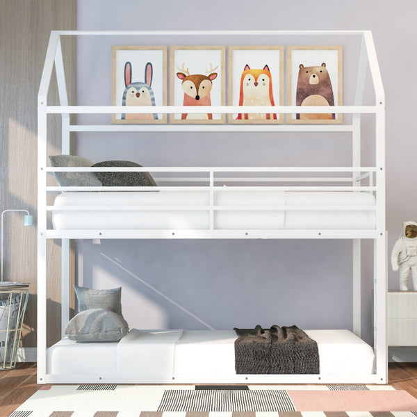 HomeRoots White Twin Over Twin Metal Bunk Bed - Stylish, Durable Design with Safety Features for Kids’ Rooms! 606787