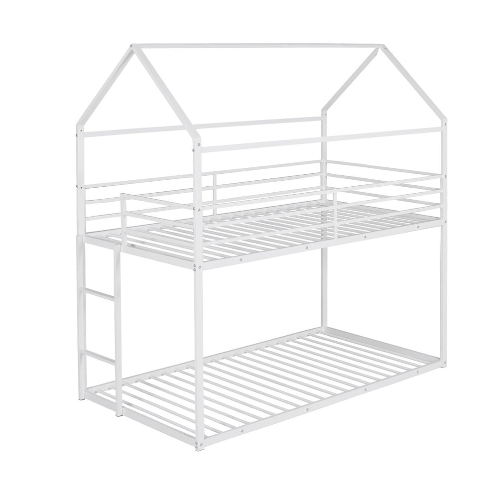 HomeRoots White Twin Over Twin Metal Bunk Bed - Stylish, Durable Design with Safety Features for Kids’ Rooms! 606787