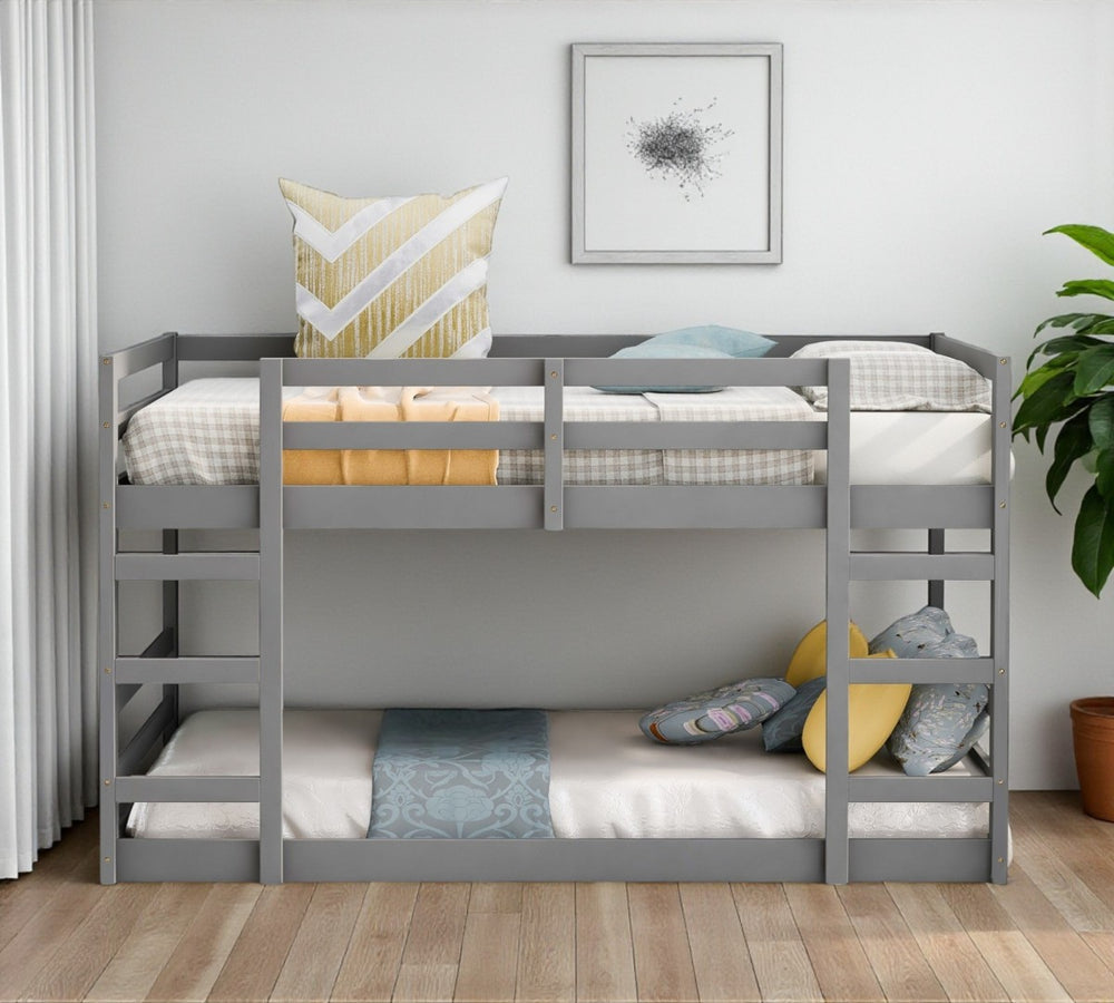 HomeRoots Gray Twin Over Twin Solid Wood Bunk Bed - Stylish Space-Saver with Safety Features for Kids' Rooms 606788
