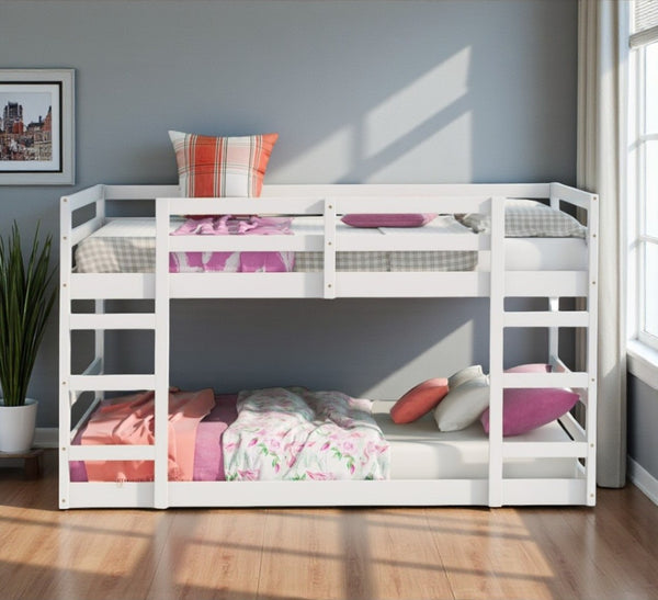 HomeRoots White Twin Over Twin Solid Wood Bunk Bed – Stylish, Space-Saving Design for Safe Sleepovers & Shared Rooms 606789