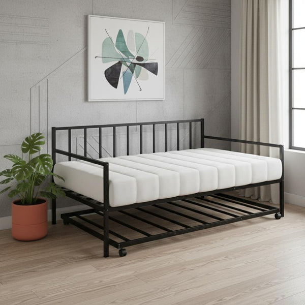 HomeRoots Black Metal Twin Daybed Frame with Trundle - Stylish, Space-Saving Design for Modern Bedrooms! 606791