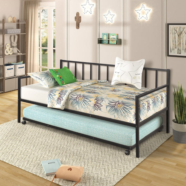 HomeRoots Black Metal Twin Daybed Frame with Trundle - Stylish, Space-Saving Design for Modern Bedrooms! 606791