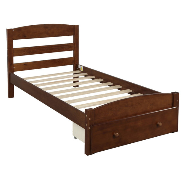 HomeRoots Walnut Wood Twin Bed Frame - Modern Platform Design with Durable Support and Elegant Aesthetic Finish 606795