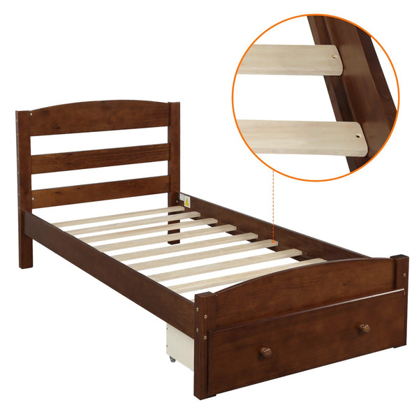 HomeRoots Walnut Wood Twin Bed Frame - Modern Platform Design with Durable Support and Elegant Aesthetic Finish 606795