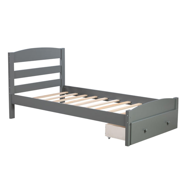 HomeRoots Gray Wood Twin Bed Frame with Integrated Storage Drawer - Modern Design for Small Spaces & Kids' Rooms 606796