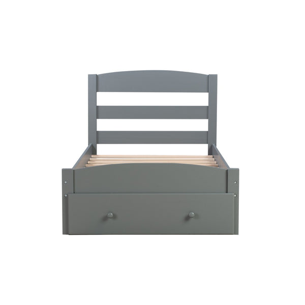 HomeRoots Gray Wood Twin Bed Frame with Integrated Storage Drawer - Modern Design for Small Spaces & Kids' Rooms 606796