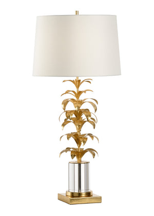 Wildwood Les Feuilles Lamp Hand-Sculpted Iron Leaves With Crystal Column, Antique Gold Finish For Elegant Rooms 60680