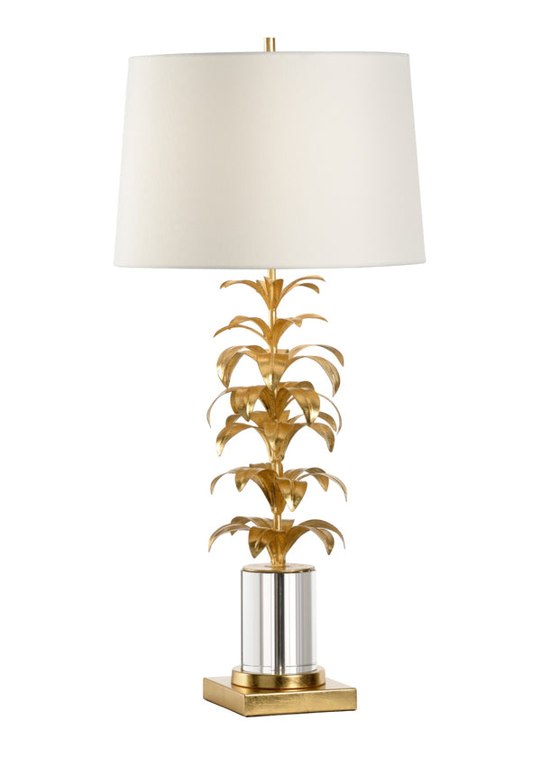 Wildwood Les Feuilles Lamp Hand-Sculpted Iron Leaves With Crystal Column, Antique Gold Finish For Elegant Rooms 60680