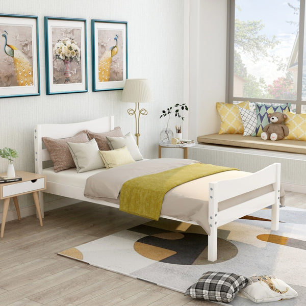 HomeRoots White Wood Twin Bed Frame - Modern, Stylish Design with Durable Support Slats for Cozy Sleep Space 606802