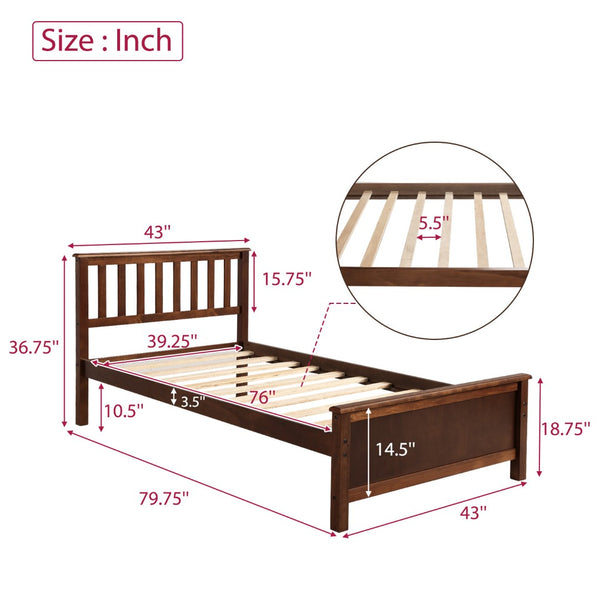 HomeRoots Walnut Wood Twin Bed Frame - Elegant Platform Design with Sturdy Slats for Timeless Bedroom Comfort 606804