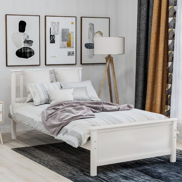 HomeRoots White Wood Twin Bed Frame - Elegant, Durable Design with Headboard & Footboard for Modern Bedrooms 606805