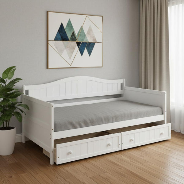 HomeRoots White Wood Twin Daybed Frame with Storage Drawers – Chic, Versatile Design for Sleep & Seating Needs 606817