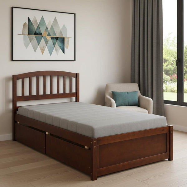 HomeRoots Walnut Twin Bed Frame with Under-Bed Drawers - Stylish, Durable Design for Smart Bedroom Storage 606821