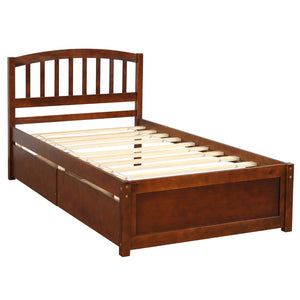 HomeRoots Walnut Twin Bed Frame with Under-Bed Drawers - Stylish, Durable Design for Smart Bedroom Storage 606821