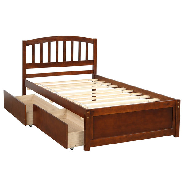 HomeRoots Walnut Twin Bed Frame with Under-Bed Drawers - Stylish, Durable Design for Smart Bedroom Storage 606821