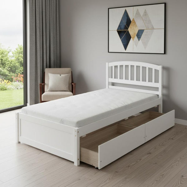 HomeRoots White Wood Twin Bed Frame with Storage Drawers - Modern Design, Durable & Space-Saving Solution! 606823