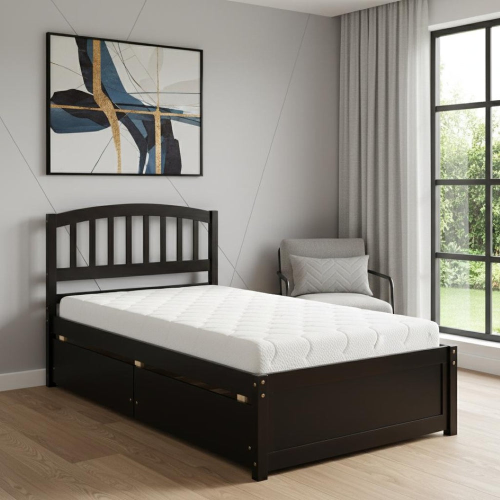 HomeRoots Espresso Twin Bed Frame with Built-In Drawers – Stylish, Durable & Space-Saving for Modern Bedrooms 606824