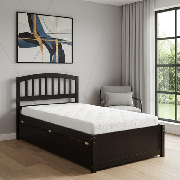HomeRoots Espresso Twin Bed Frame with Built-In Drawers – Stylish, Durable & Space-Saving for Modern Bedrooms 606824